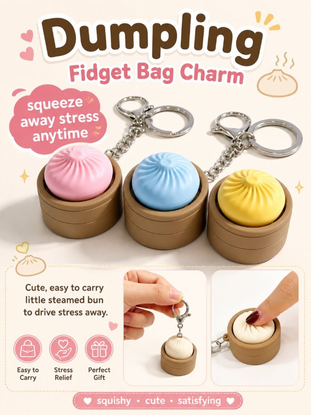 Mini Dumpling Keychain– Crisp Sound,Creamy,Stress Relief Fidget Clicker